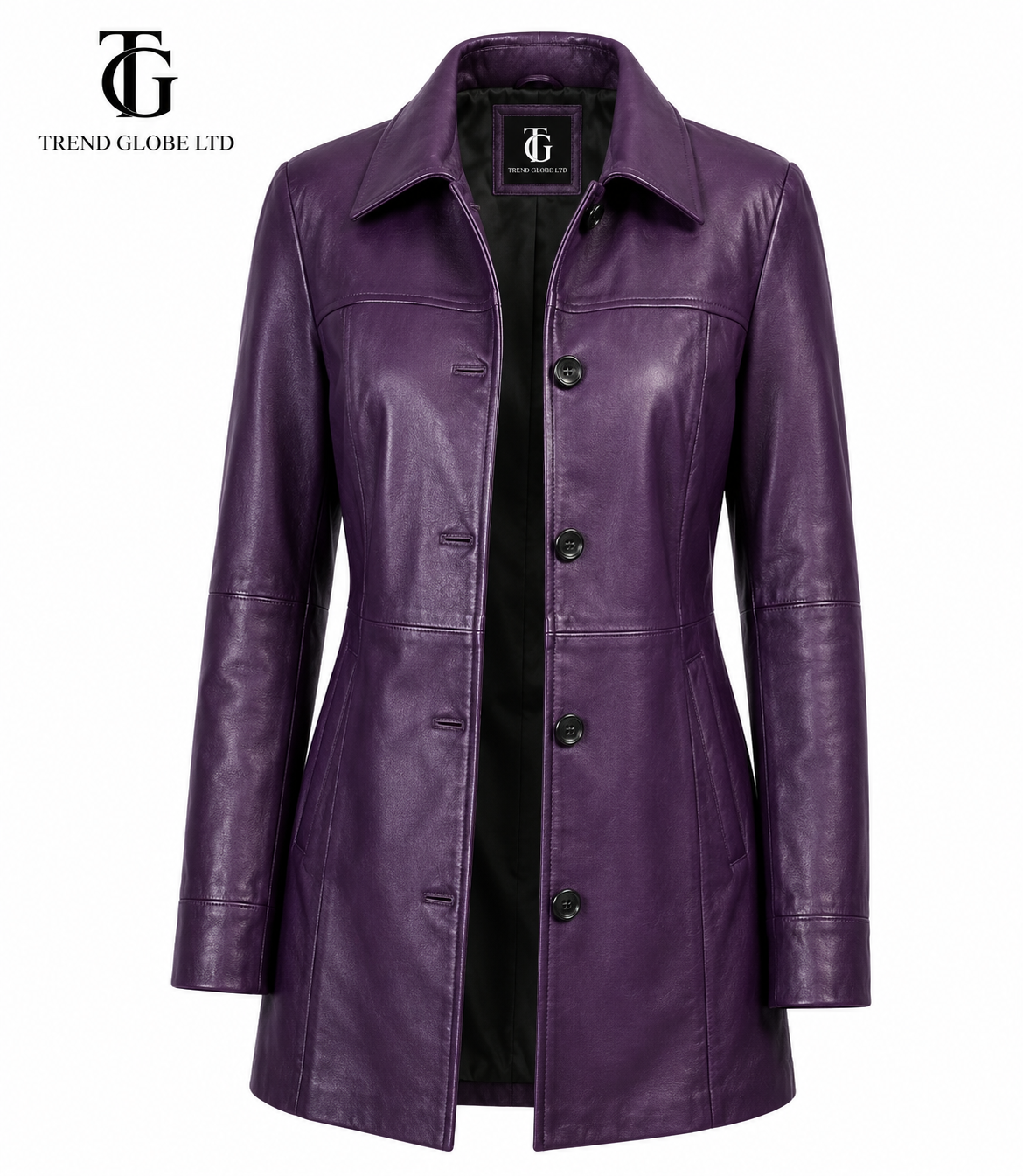 Trend Globe LTD Women’s Purple Genuine Leather Long Coat – Classic Button Front Jacket
