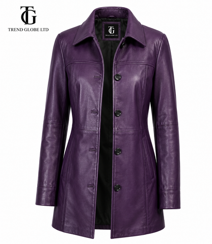Trend Globe LTD Women’s Purple Genuine Leather Long Coat – Classic Button Front Jacket