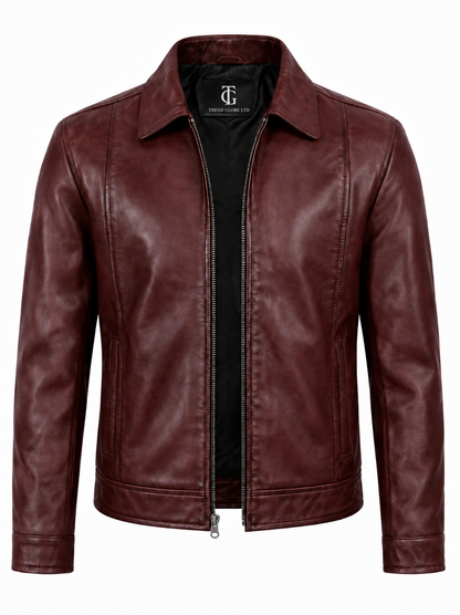 Men’s Burgundy Leather Harrington Jacket with Snap Cuffs