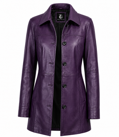 Trend Globe LTD Women’s Purple Genuine Leather Long Coat – Classic Button Front Jacket