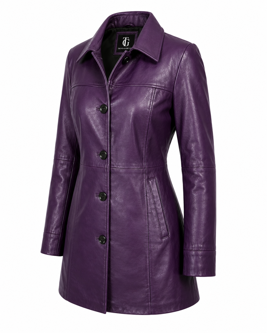 Trend Globe LTD Women’s Purple Genuine Leather Long Coat – Classic Button Front Jacket