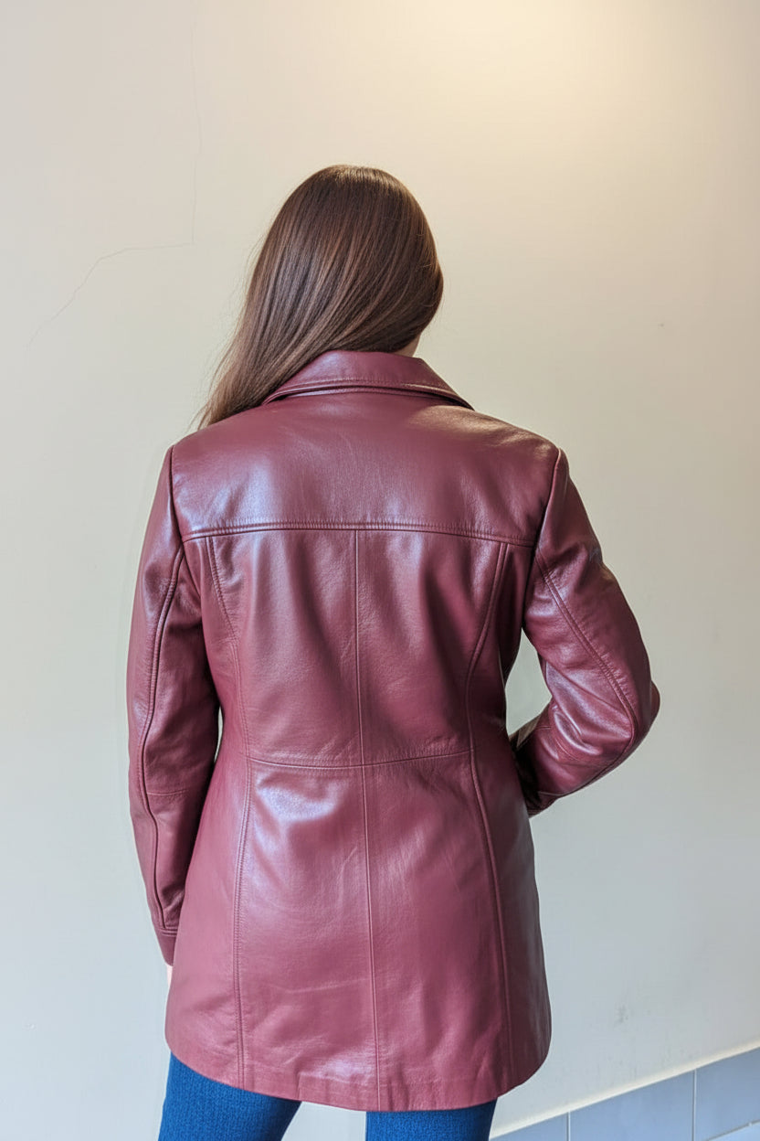 Trend Globe LTD Women’s Purple Genuine Leather Long Coat – Classic Button Front Jacket