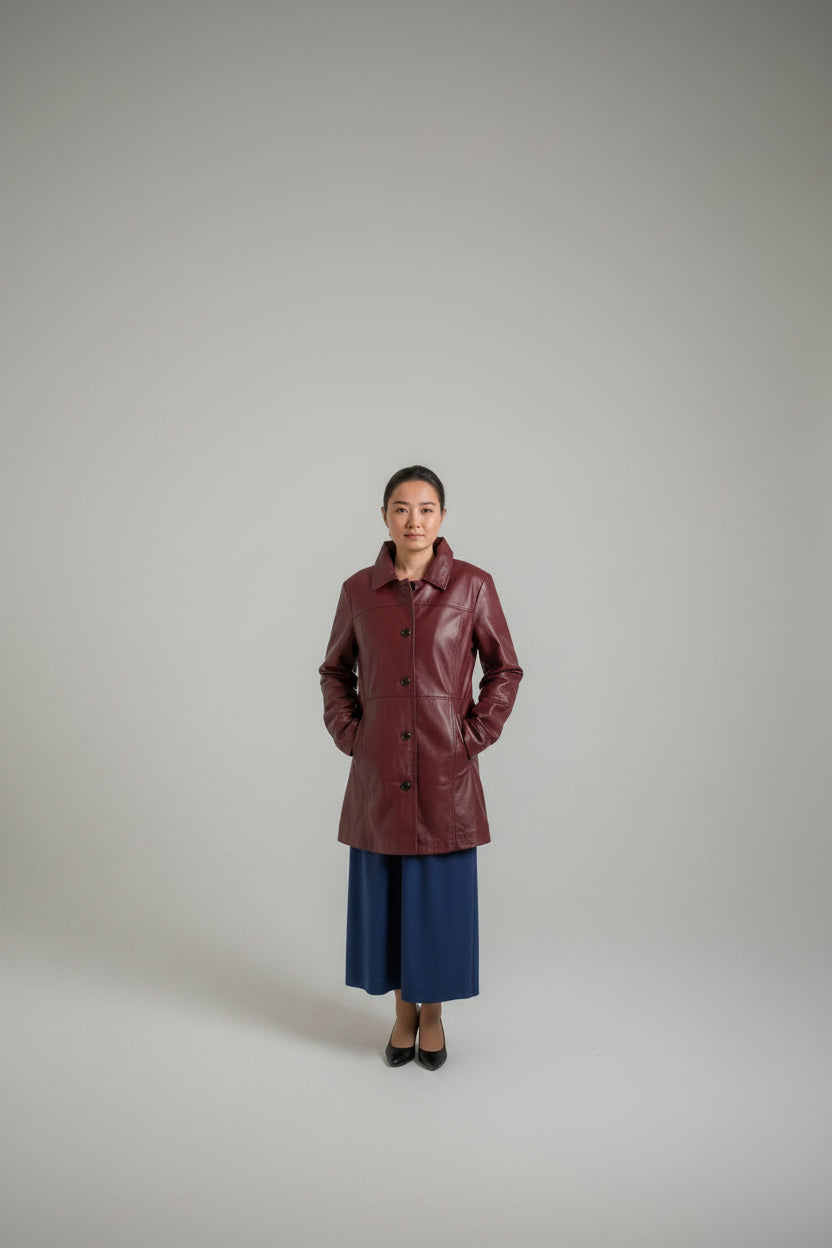 Trend Globe LTD Women’s Purple Genuine Leather Long Coat – Classic Button Front Jacket