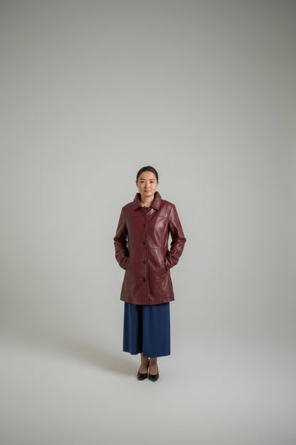 Trend Globe LTD Women’s Purple Genuine Leather Long Coat – Classic Button Front Jacket